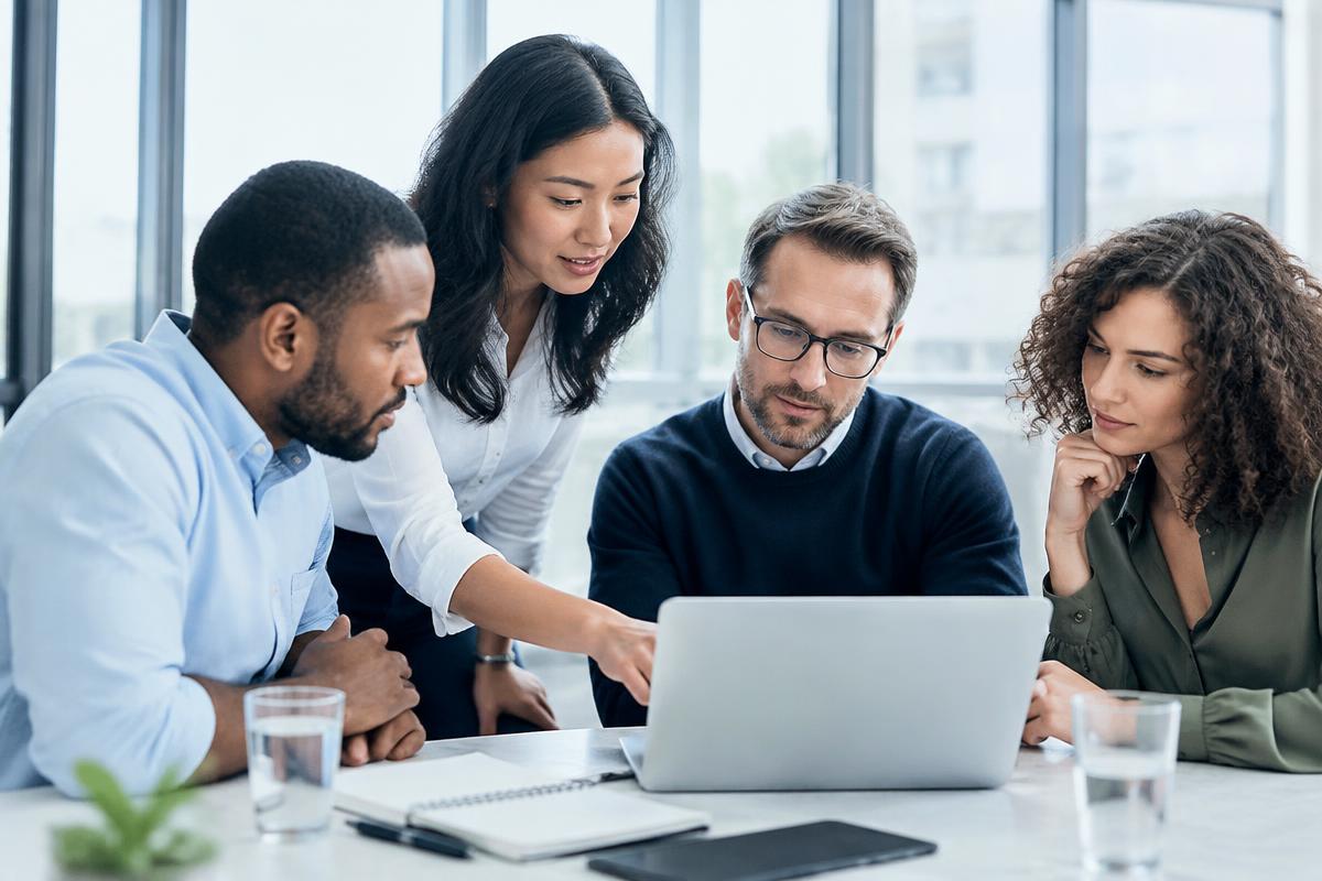 Equipo de trabajo revisando información en una laptop