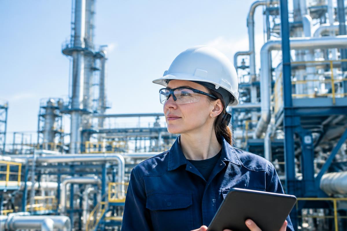 Técnica con casco y gafas de seguridad en una planta industrial