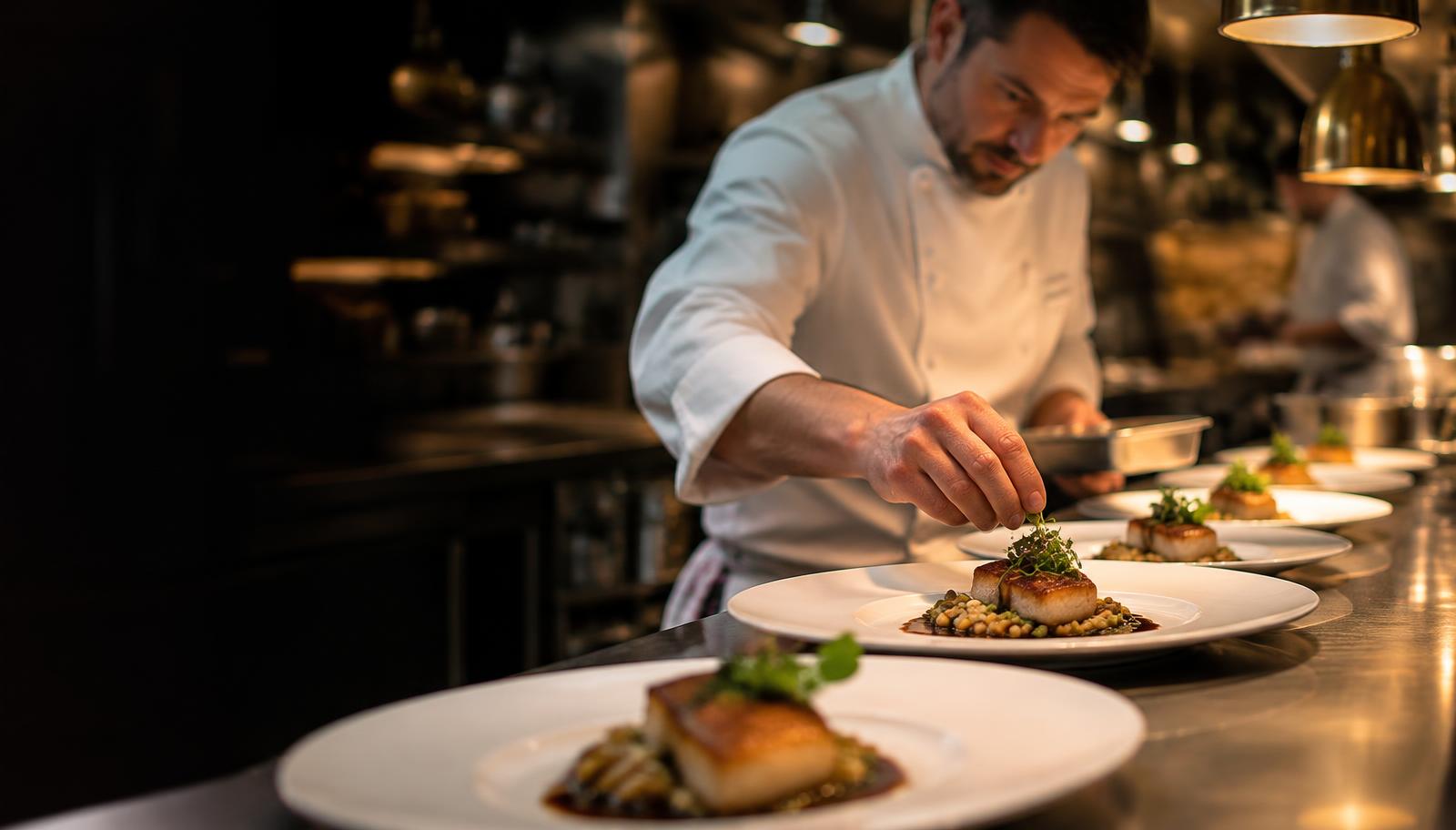 Chef emplatando alimentos en la cocina de un hotel